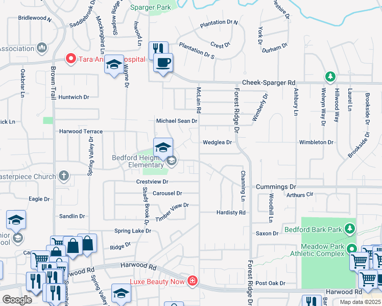 map of restaurants, bars, coffee shops, grocery stores, and more near 1121 Amherst Drive in Bedford
