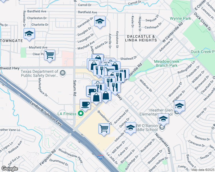 map of restaurants, bars, coffee shops, grocery stores, and more near 1000 Northwest Highway in Garland
