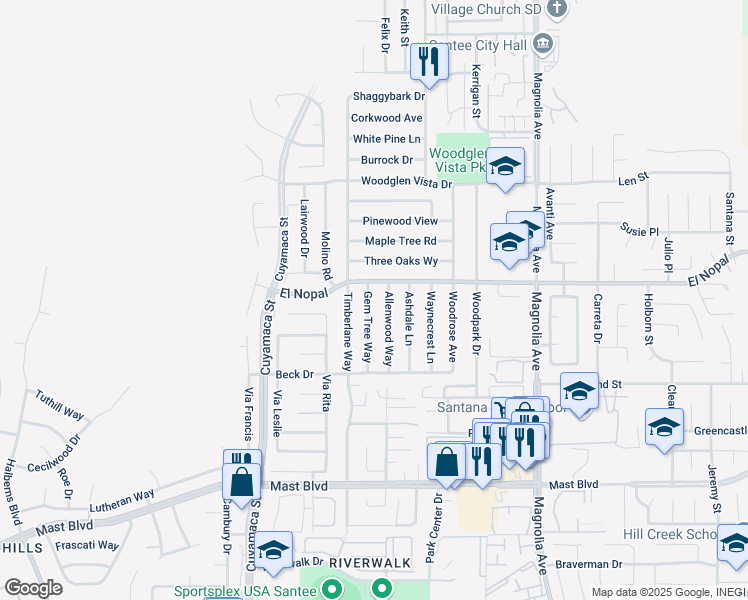 map of restaurants, bars, coffee shops, grocery stores, and more near 10144 Allenwood Way in Santee