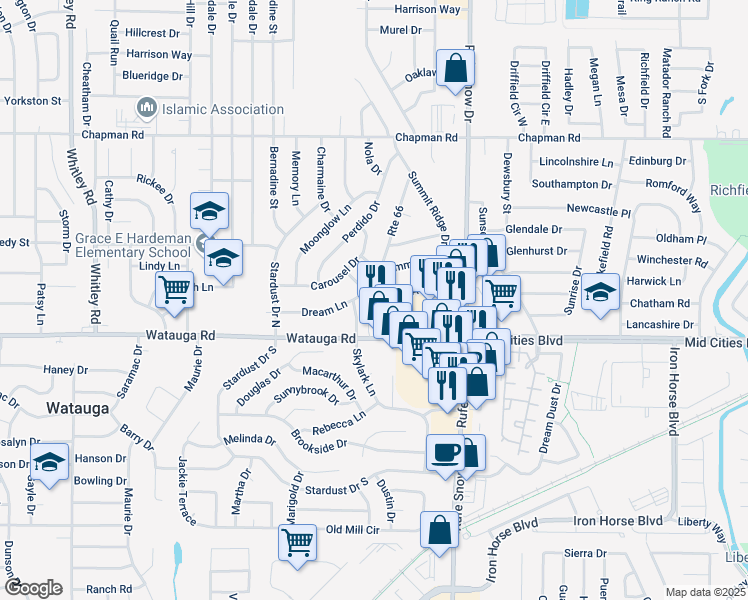 map of restaurants, bars, coffee shops, grocery stores, and more near 6520 Avalon Drive in Watauga