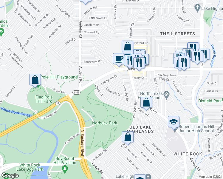 map of restaurants, bars, coffee shops, grocery stores, and more near 9939 Lakedale Drive in Dallas