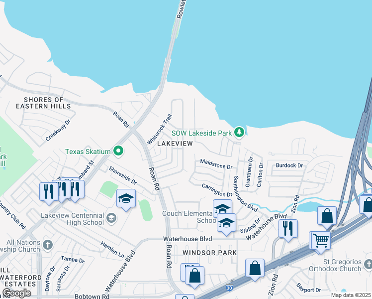 map of restaurants, bars, coffee shops, grocery stores, and more near 4026 Cedar Creek Drive in Garland