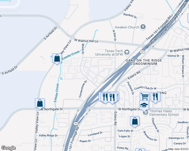 map of restaurants, bars, coffee shops, grocery stores, and more near 3700 Block Drive in Irving