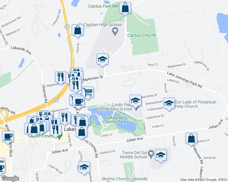 map of restaurants, bars, coffee shops, grocery stores, and more near 12741 Laurel Street in Lakeside