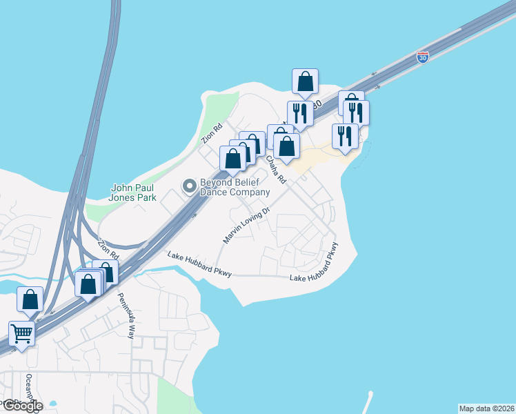 map of restaurants, bars, coffee shops, grocery stores, and more near 6120 Marvin Loving Drive in Garland