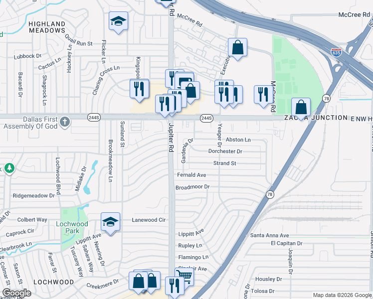 map of restaurants, bars, coffee shops, grocery stores, and more near 12224 Gardenia Drive in Dallas