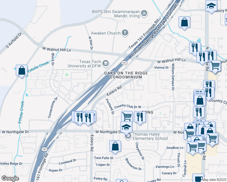 map of restaurants, bars, coffee shops, grocery stores, and more near 13 Sumayyah Drive in Irving