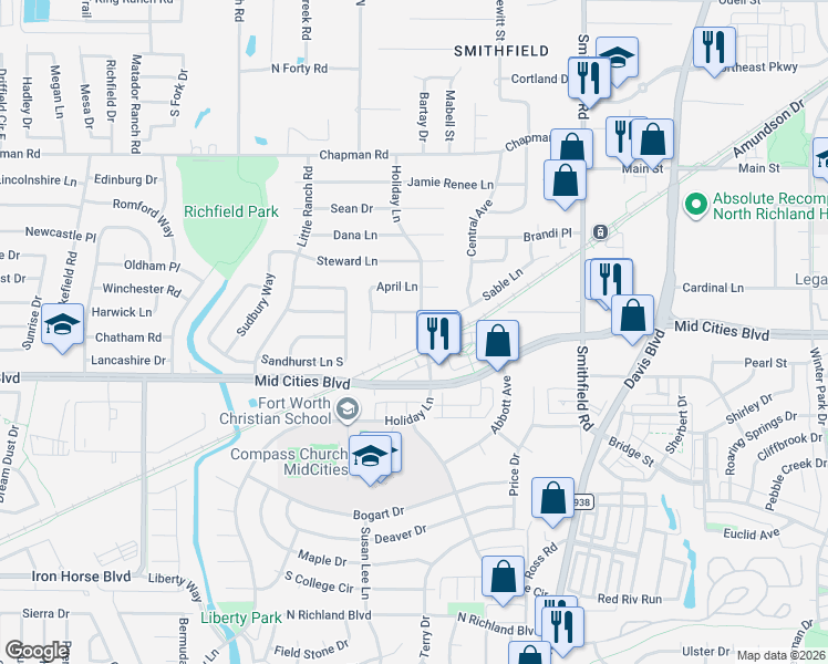 map of restaurants, bars, coffee shops, grocery stores, and more near 6320 Holiday Lane in North Richland Hills