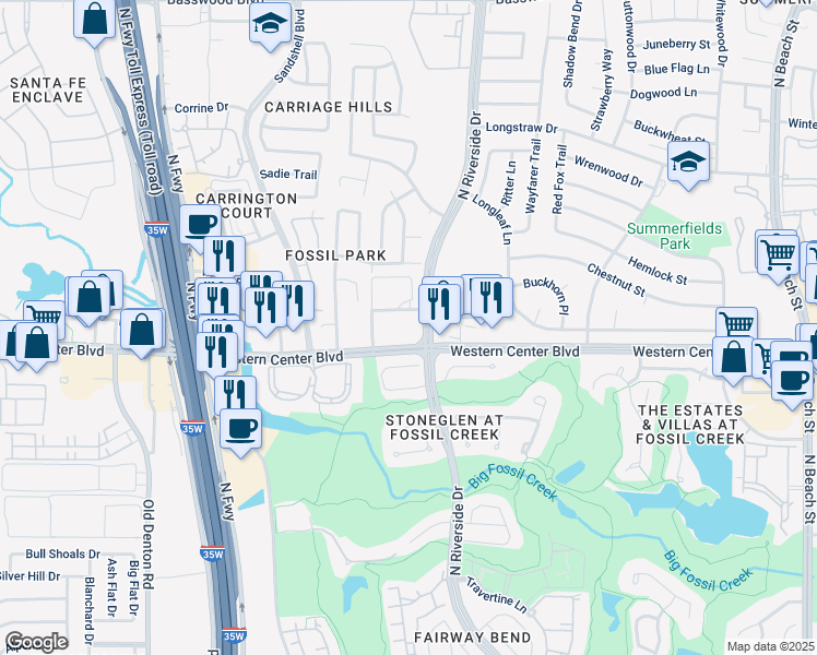 map of restaurants, bars, coffee shops, grocery stores, and more near 6618 North Riverside Drive in Fort Worth