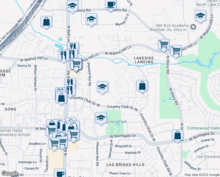 map of restaurants, bars, coffee shops, grocery stores, and more near 4240 Reserve Way in Irving