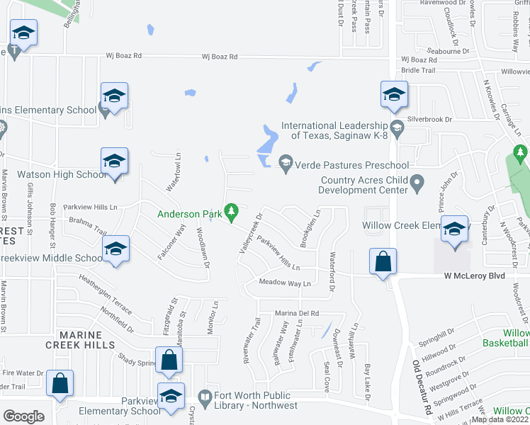 map of restaurants, bars, coffee shops, grocery stores, and more near 6868 Valley Creek Drive in Fort Worth