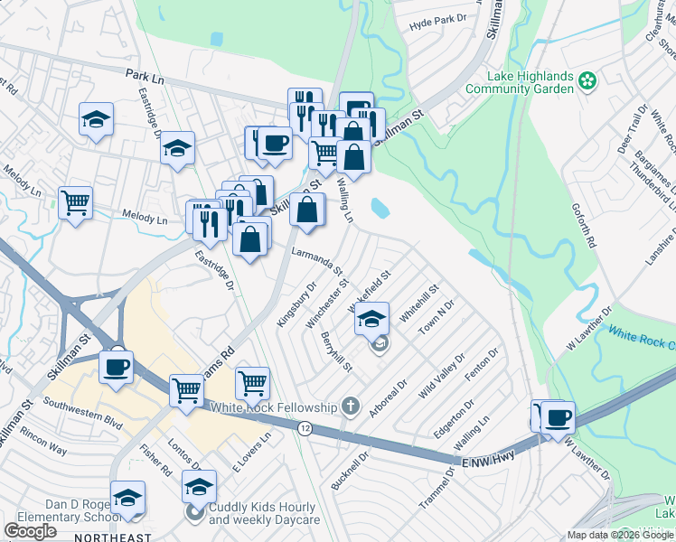 map of restaurants, bars, coffee shops, grocery stores, and more near 6353 Larmanda Street in Dallas