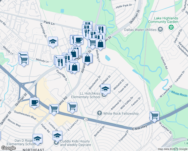 map of restaurants, bars, coffee shops, grocery stores, and more near 6954 Kingsbury Drive in Dallas