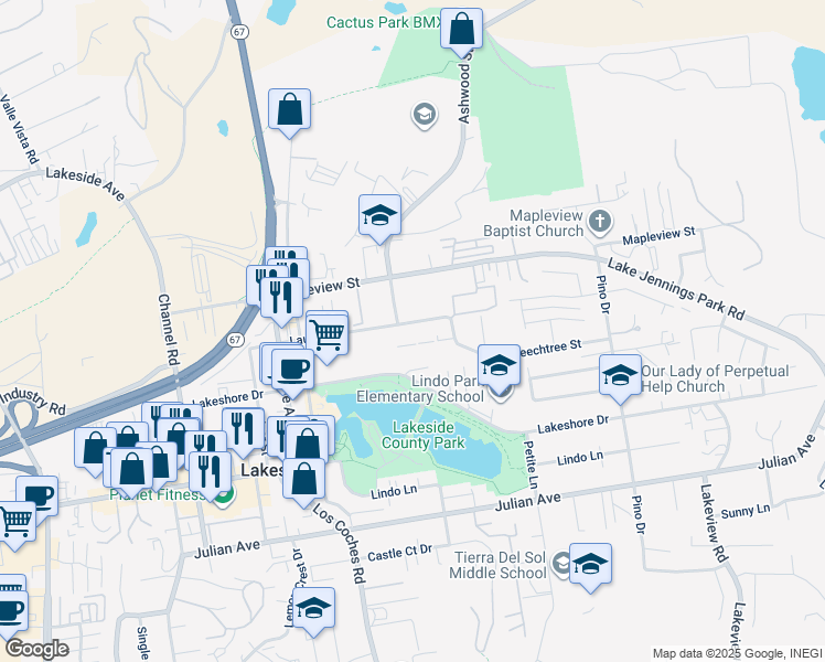 map of restaurants, bars, coffee shops, grocery stores, and more near 12715 Laurel Street in Lakeside