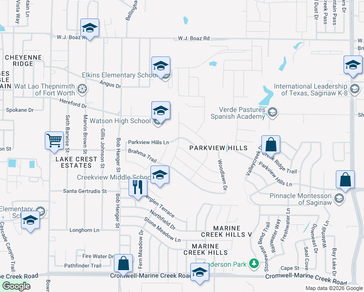 map of restaurants, bars, coffee shops, grocery stores, and more near 5524 Creek Hill Lane in Fort Worth