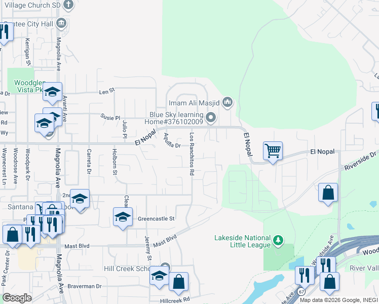 map of restaurants, bars, coffee shops, grocery stores, and more near 10156 Los Ranchitos Road in Lakeside