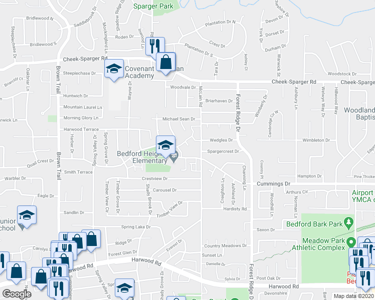 map of restaurants, bars, coffee shops, grocery stores, and more near 3525 Exeter Court in Bedford