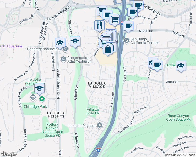 map of restaurants, bars, coffee shops, grocery stores, and more near 8524 Via Mallorca in San Diego