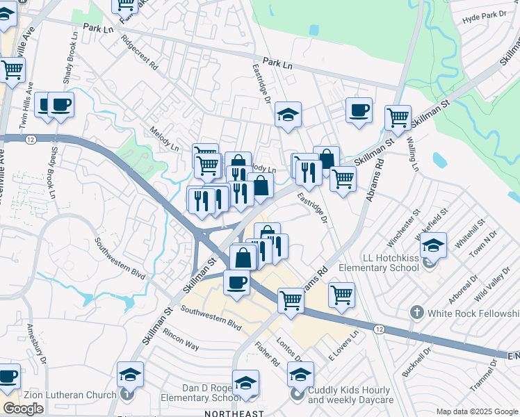 map of restaurants, bars, coffee shops, grocery stores, and more near 6051 Skillman Street in Dallas