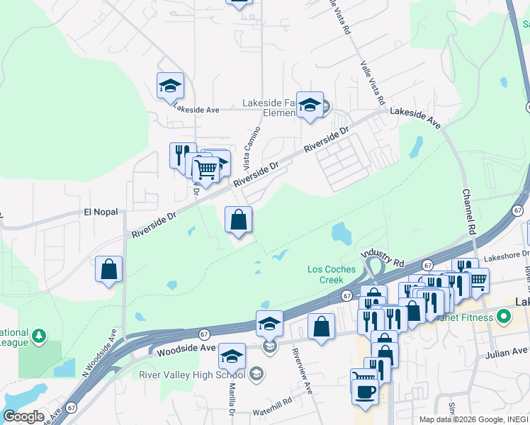 map of restaurants, bars, coffee shops, grocery stores, and more near 11851 Riverside Drive in Lakeside
