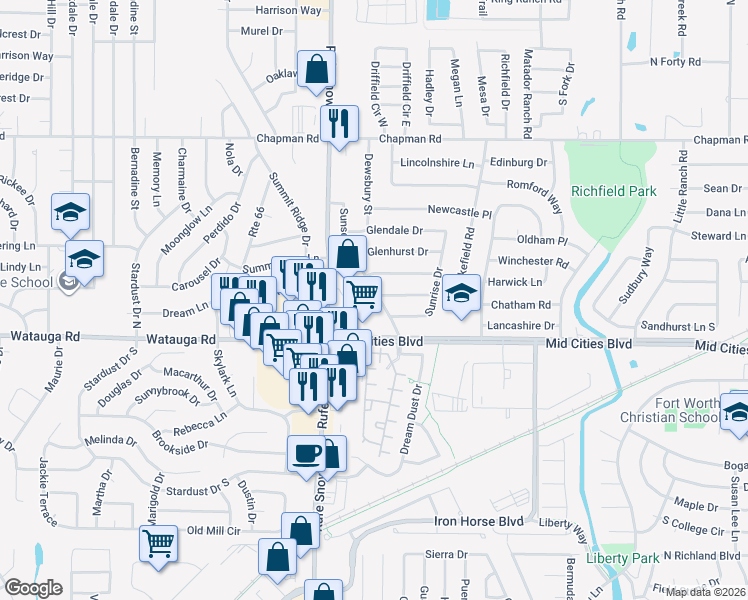 map of restaurants, bars, coffee shops, grocery stores, and more near 6333 Sunset Road in North Richland Hills