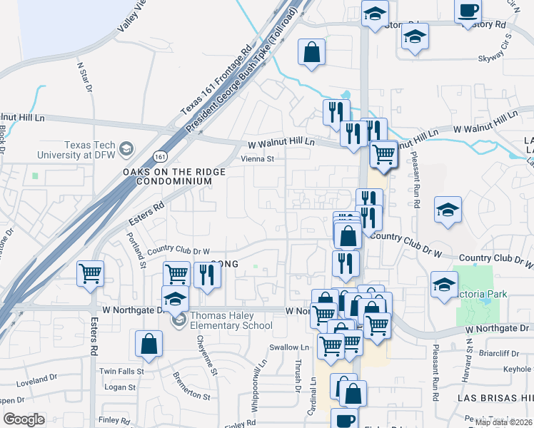 map of restaurants, bars, coffee shops, grocery stores, and more near 400 Flintridge Court in Irving