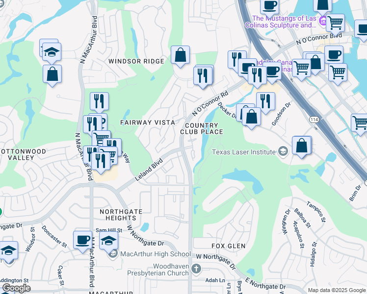 map of restaurants, bars, coffee shops, grocery stores, and more near in Irving