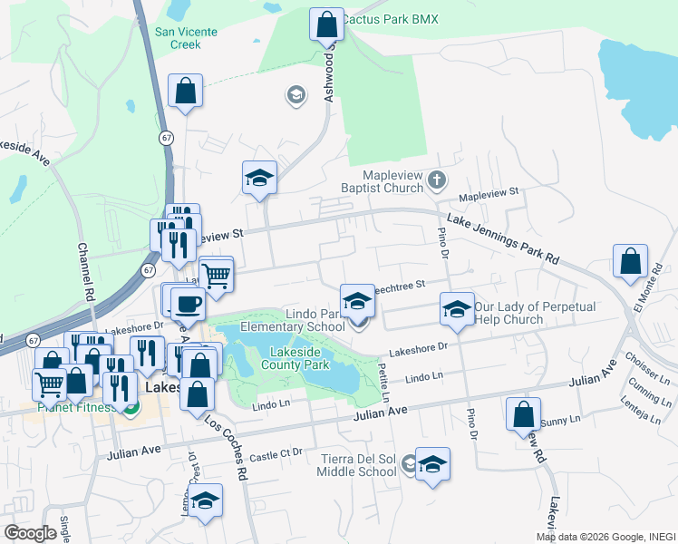 map of restaurants, bars, coffee shops, grocery stores, and more near 10038 Tamil Road in Lakeside