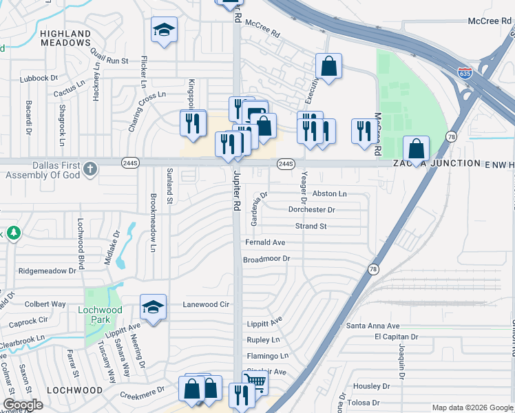 map of restaurants, bars, coffee shops, grocery stores, and more near 12224 Gardenia Drive in Dallas