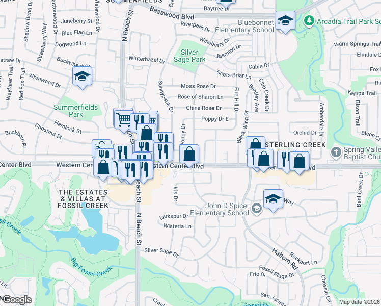 map of restaurants, bars, coffee shops, grocery stores, and more near 6711 Silver Sage Drive in Fort Worth