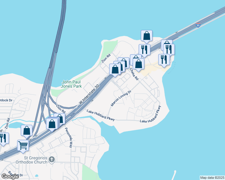 map of restaurants, bars, coffee shops, grocery stores, and more near 4351 Point Boulevard in Garland