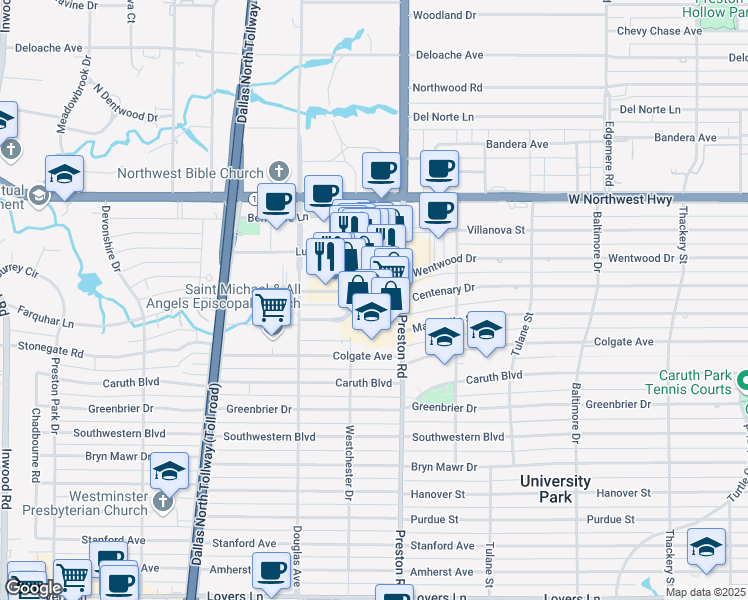 map of restaurants, bars, coffee shops, grocery stores, and more near 6150 Sherry Lane in Dallas