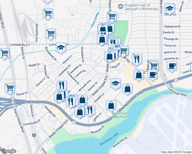 map of restaurants, bars, coffee shops, grocery stores, and more near 3232 Norwalk Avenue in Dallas