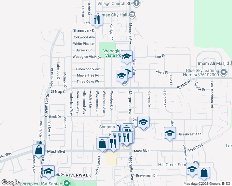 map of restaurants, bars, coffee shops, grocery stores, and more near 10146 Lauren Way in Santee