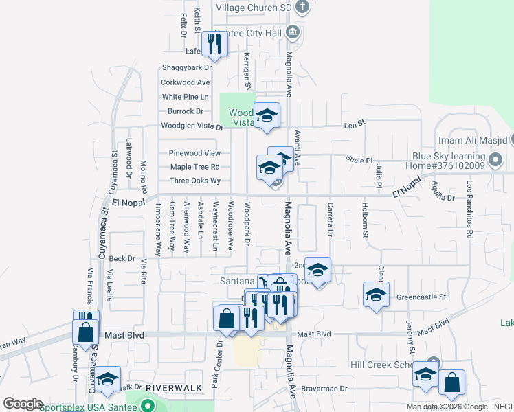 map of restaurants, bars, coffee shops, grocery stores, and more near 10146 Lauren Way in Santee
