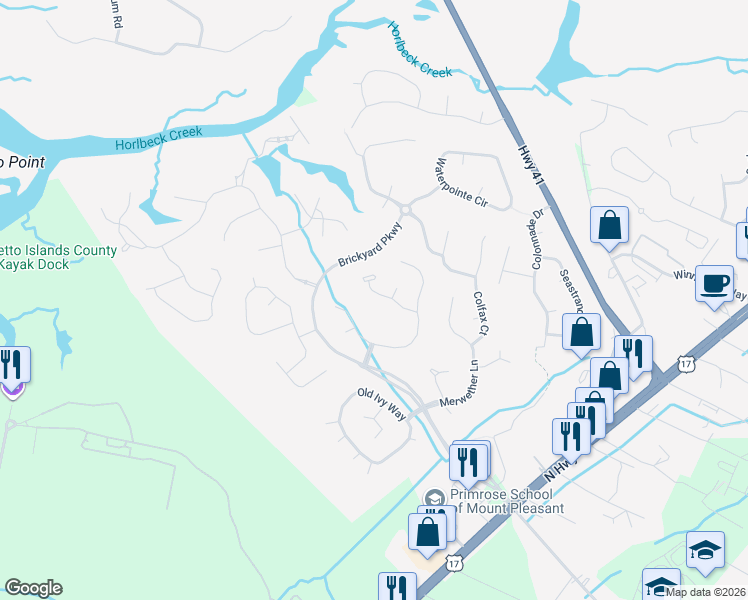 map of restaurants, bars, coffee shops, grocery stores, and more near 1271 Abercorn Trce in Mount Pleasant