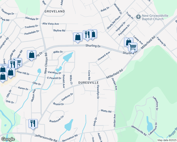 map of restaurants, bars, coffee shops, grocery stores, and more near 2802 Cone Road in Macon