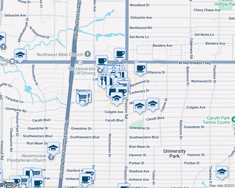map of restaurants, bars, coffee shops, grocery stores, and more near 6150 Sherry Ln in Dallas