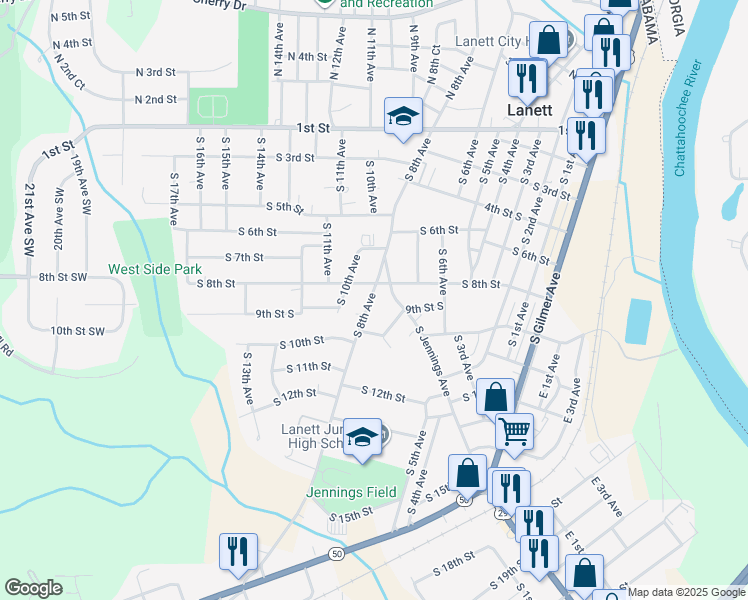 map of restaurants, bars, coffee shops, grocery stores, and more near 807 South 8th Avenue in Lanett