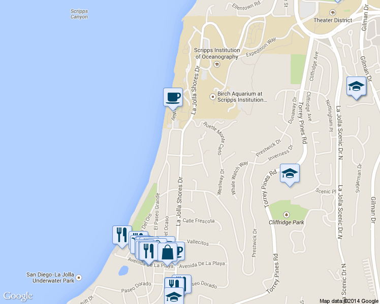 map of restaurants, bars, coffee shops, grocery stores, and more near 2320 Camino Del Collado in San Diego