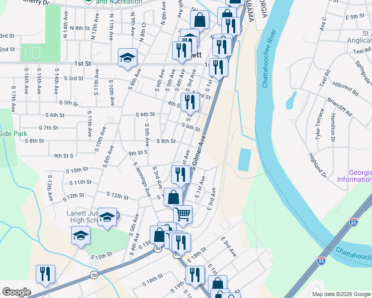 map of restaurants, bars, coffee shops, grocery stores, and more near 804 South 1st Avenue in Lanett