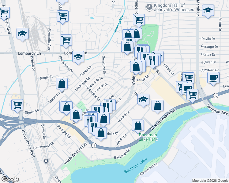 map of restaurants, bars, coffee shops, grocery stores, and more near 3218 Community Drive in Dallas