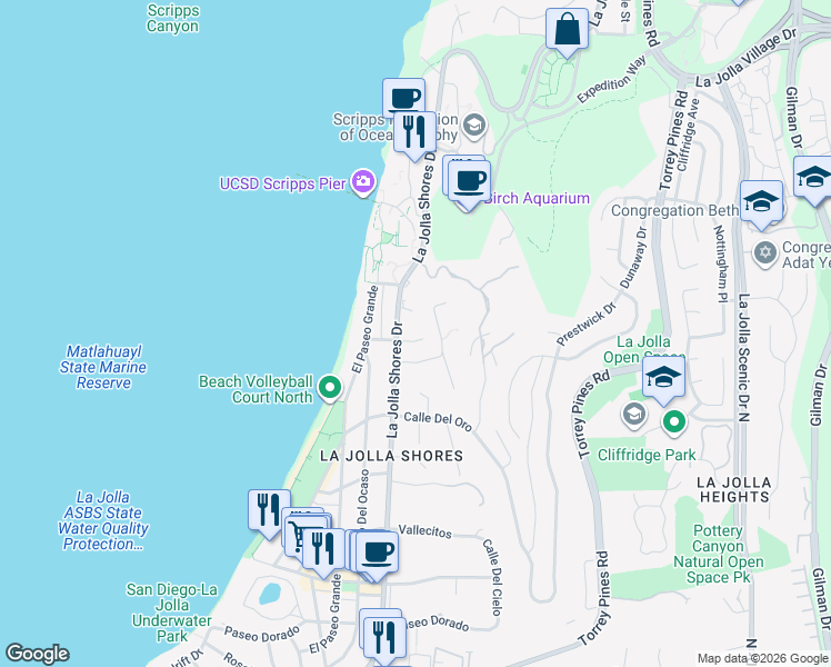 map of restaurants, bars, coffee shops, grocery stores, and more near 2320 Camino Del Collado in San Diego