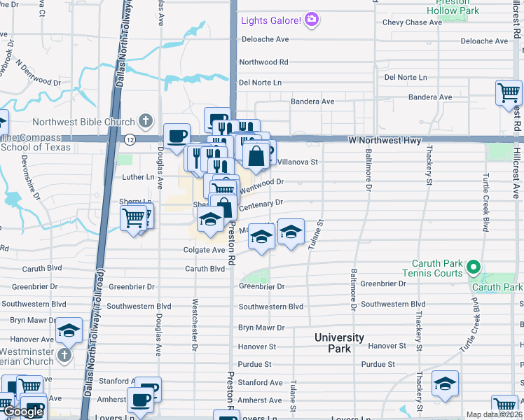map of restaurants, bars, coffee shops, grocery stores, and more near 4005 Centenary Avenue in Dallas