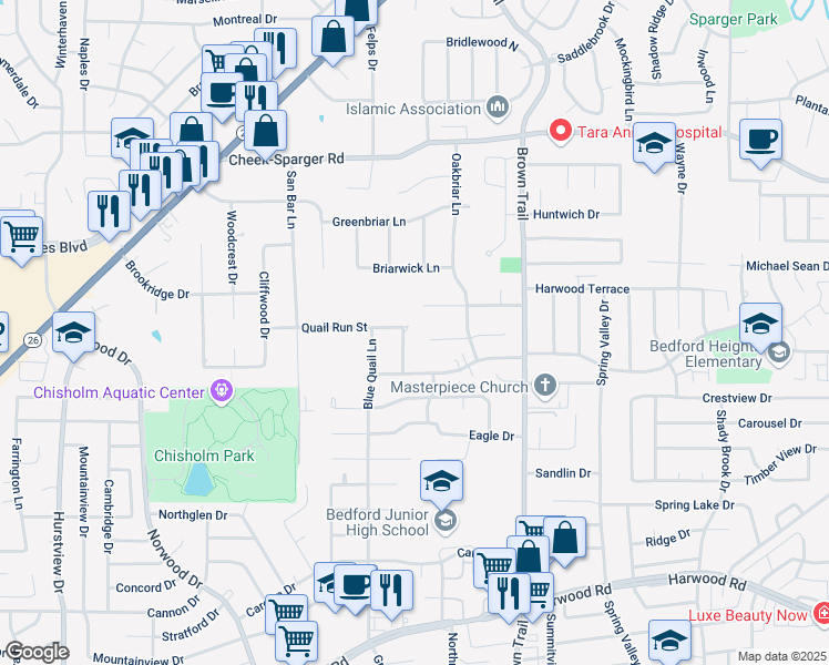 map of restaurants, bars, coffee shops, grocery stores, and more near 3517 Meadowlark Lane in Colleyville