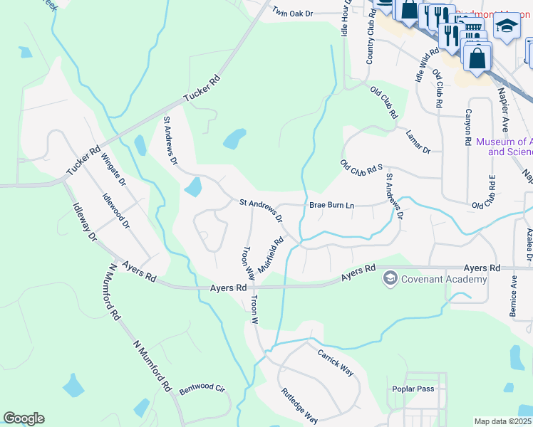 map of restaurants, bars, coffee shops, grocery stores, and more near 1106 Saint Andrews Drive in Macon