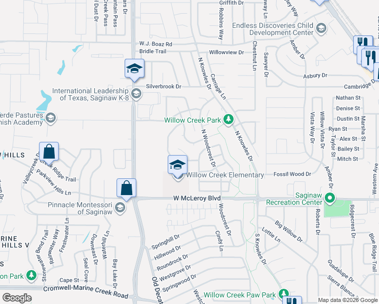 map of restaurants, bars, coffee shops, grocery stores, and more near 308 Little John Court in Saginaw