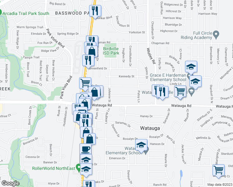 map of restaurants, bars, coffee shops, grocery stores, and more near 5713 Bonnie Drive in Watauga