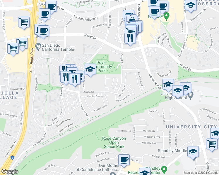 map of restaurants, bars, coffee shops, grocery stores, and more near 7924 Camino Tranquilo in San Diego