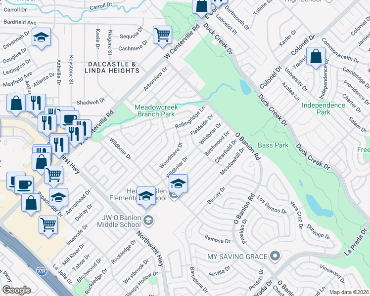 map of restaurants, bars, coffee shops, grocery stores, and more near 401 Wildbriar Drive in Garland